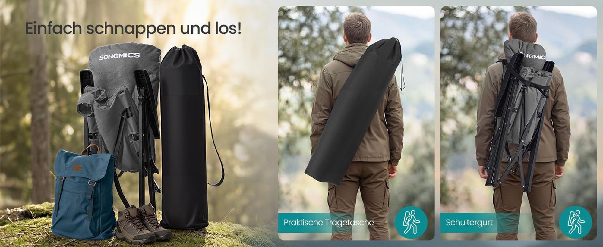 SONGMICS Campingstuhl, verstellbare Rückenlehne 95°-150°,  6 cm Polsterung, Tragetasche, Angeln, Garten, Camping, schwarz