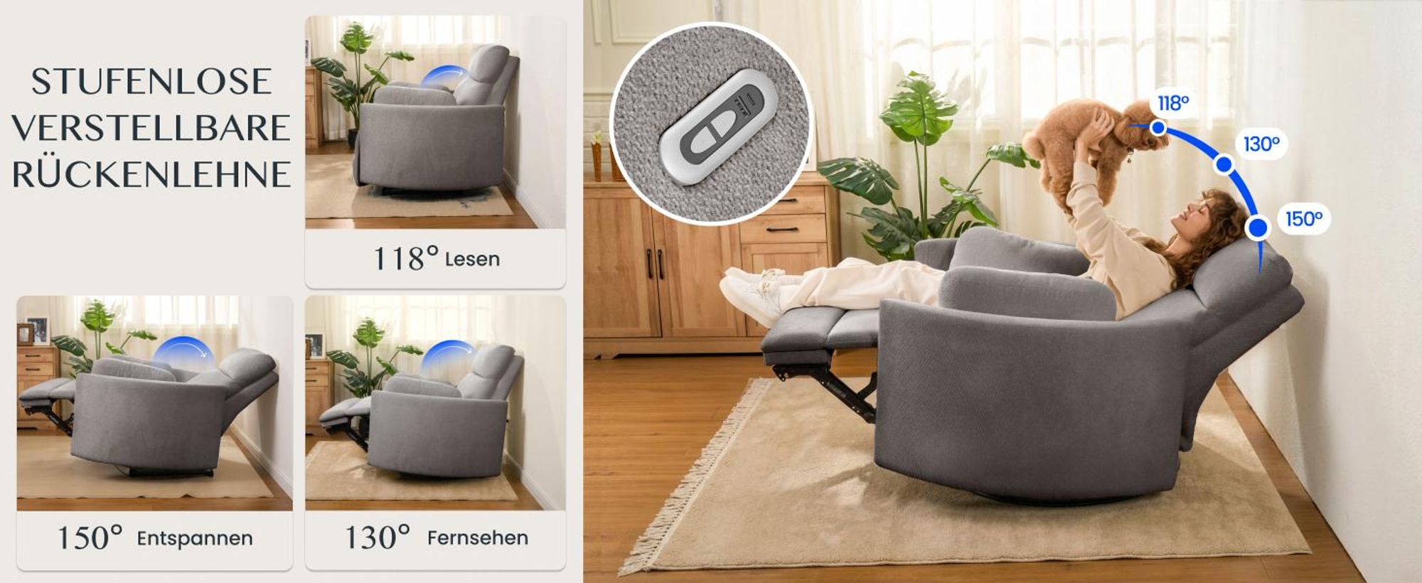 FLEXISPOT Mochi Pro Zero-Wall XXL Elektrischer Relaxsessel, 1,5-Sitzer mit 138 cm Sitzbreite, Fernsehsessel für Große&Schwere, Klemmschutz&USB-C, Grau
