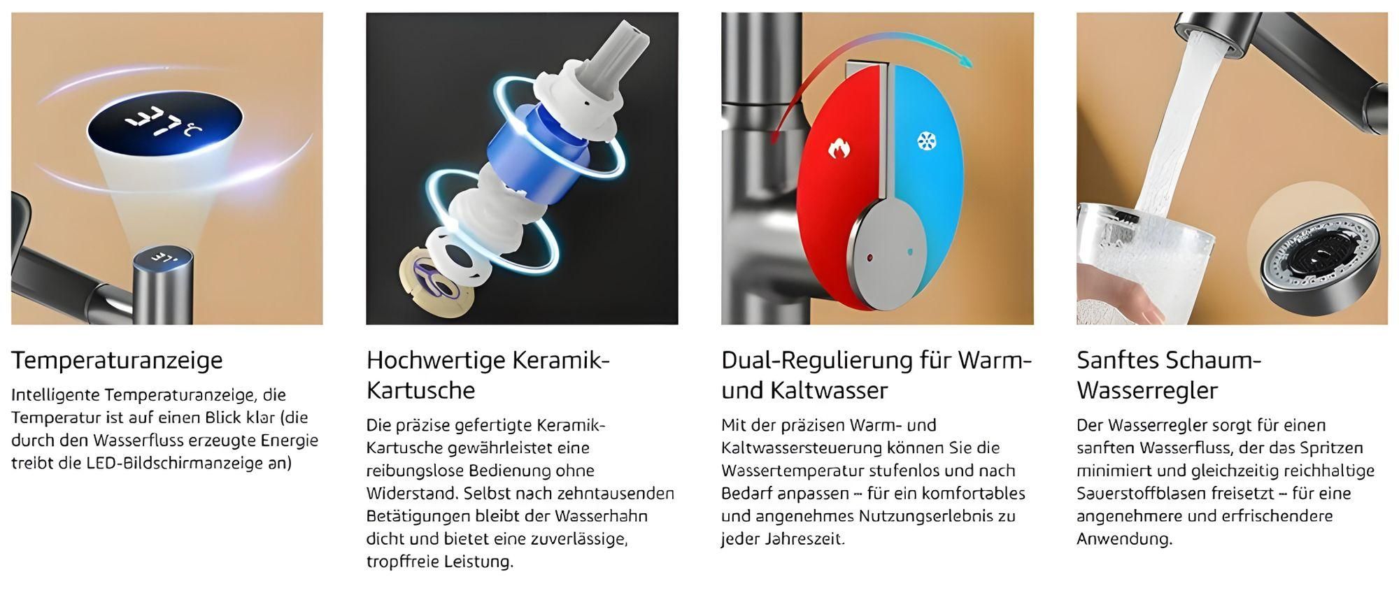 Wasserhahn Bad, mit 3 Strahlarten, LED - Temperaturanzeige ohne Batterie, 360° drehbar, Edelstahl, Keramikventil, tropfenfrei, für Bad & Küche