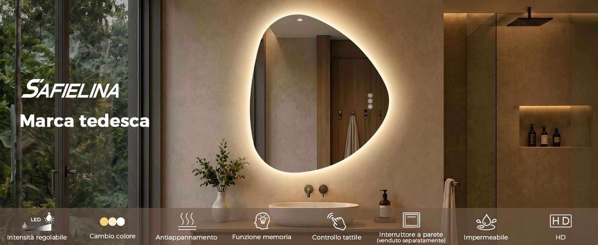 S'AFIELINA Espejo de baño asimétrico con iluminación LED, 60 x 70 cm, sin marco, 3 colores de luz, regulable, antiniebla, con función de memoria