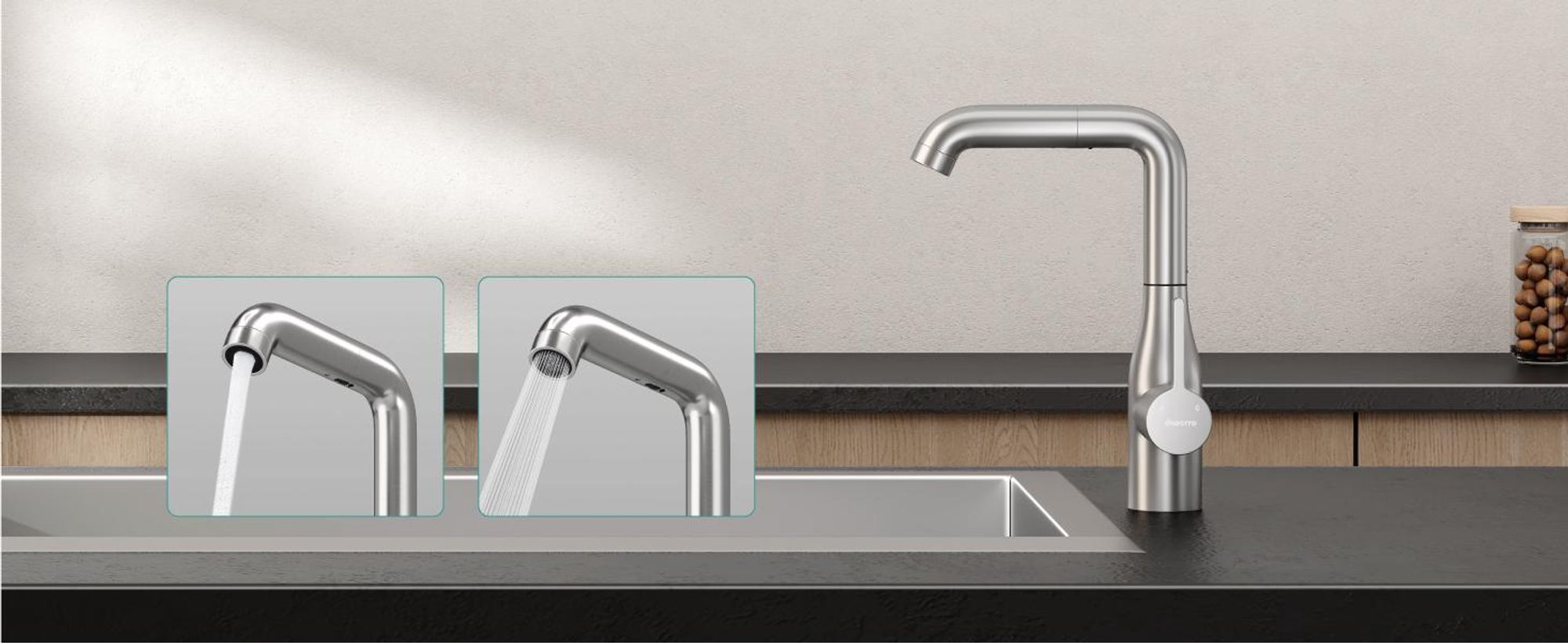 Mai & Mai Wasserhahn Küche Küchenarmatur mit Brause Ausziehbar, Küchenwasserhahn 360°Schwenkbar, Mischbatterie Spültischarmatur silber Turnix-04