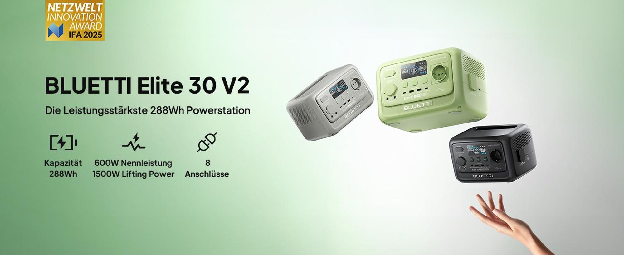 BLUETTI Elite 30 V2 Tragbare Powerstation, 288 Wh LFP Batterie, 600W AC Ausgang, 0-100% in 70 Minuten, Solargenerator für Camping, Vans, Stromausfälle