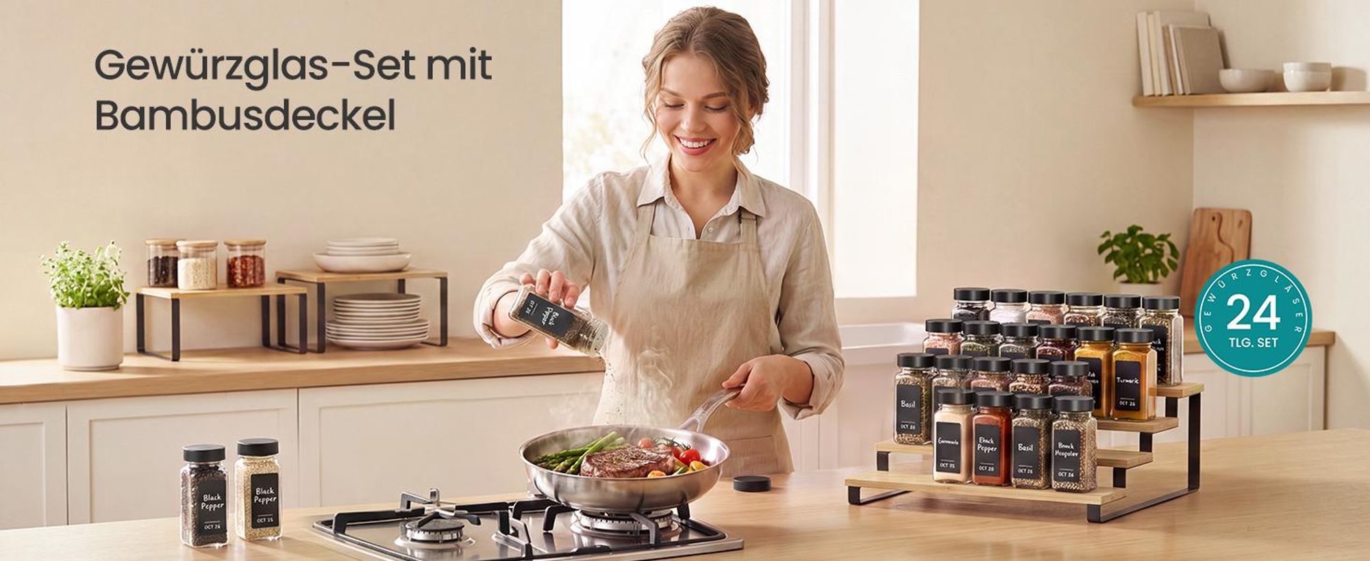 SONGMICS Gewürzgläser 24er Set, Eckige Gewürzdosen aus Glas, Luftdicht mit Etiketten, 120 ml, 4,5 x 4,5 x 10,5 cm, Schwarz