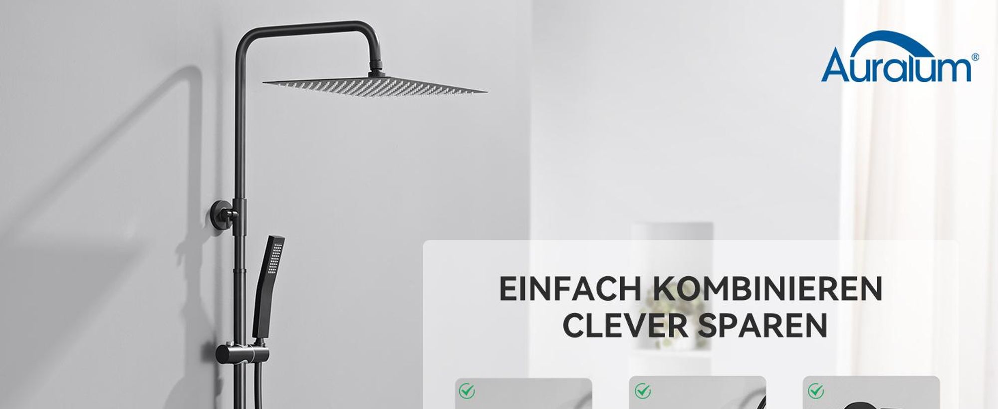 Auralum Edelstahl Regendusche ohne Armatur,Duschsystem mit  Duschkopf 25x25cm Eckig,Messing Wasserteiler,Höhenverstellbar Duschstange Duschsäule,Dusch
