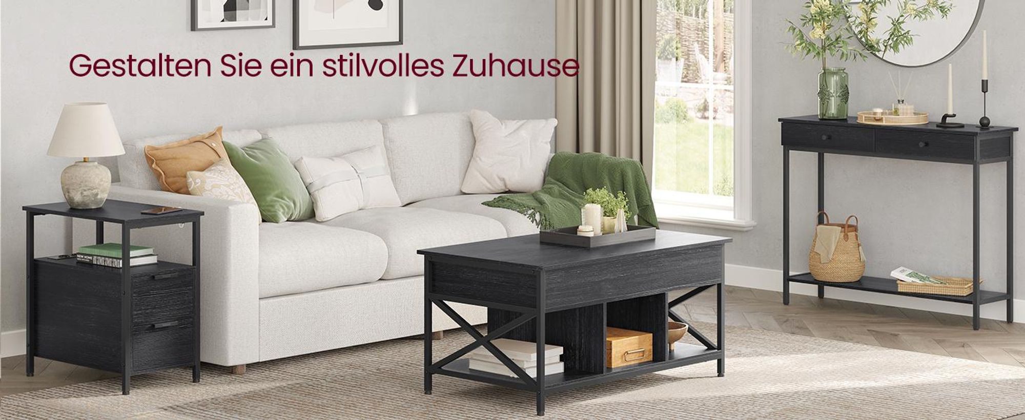 VASAGLE Konsolentisch, Flurtisch, Beistelltisch, Sofatisch mit 2 Schubladen, Stahlgestell, Flur, Wohnzimmer, Industrie-Design