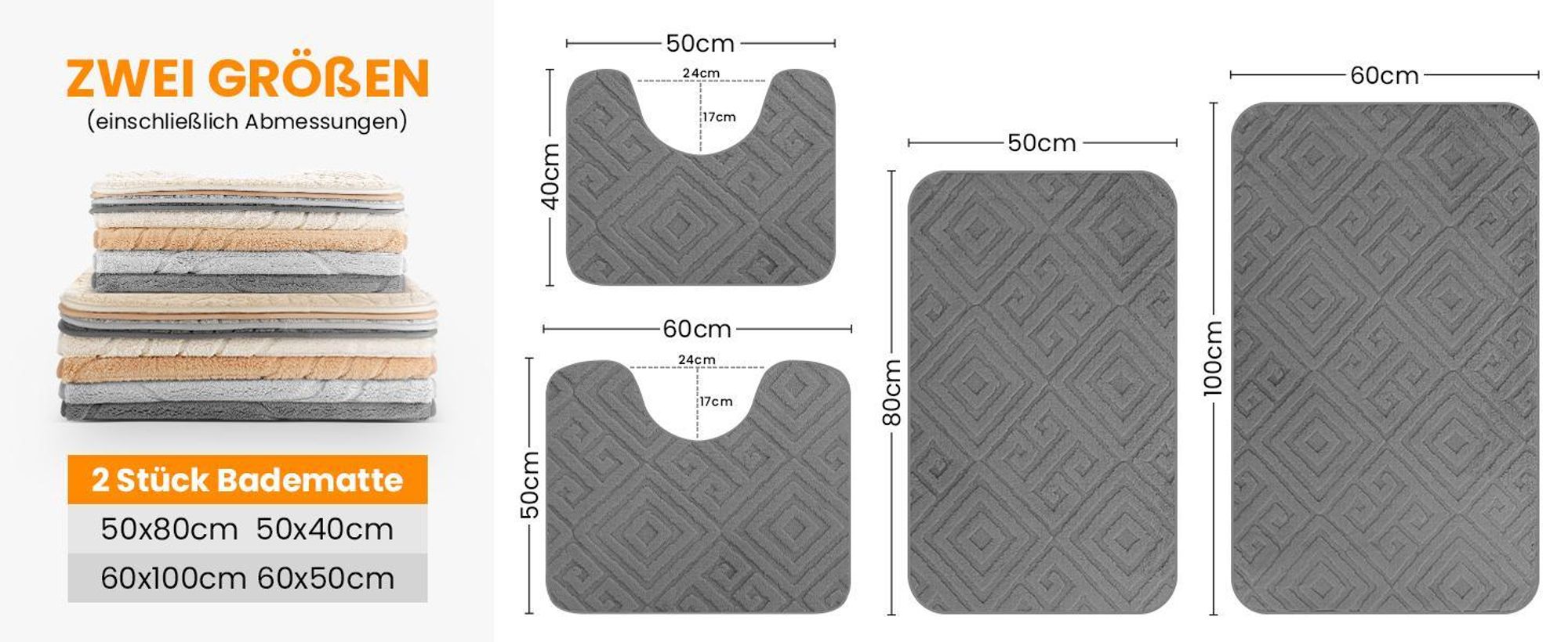 HOMELUX Badematten Set 2 Teilig rutschfest Badvorleger Badezimmer Teppich, 50 x 80cm Badeteppich + 40 x50cm WC Vorleger mit Ausschnitt,Champagner, 2BF