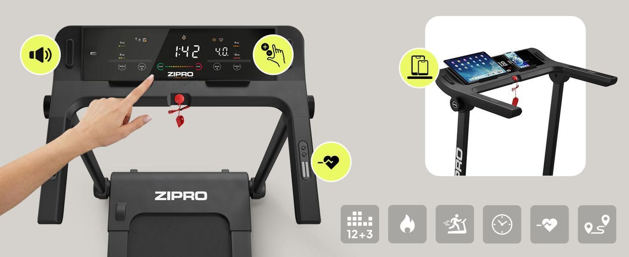 Zipro Loopband, opvouwbaar, model Pacto – Elektrische fitnessloopband, ultradun, geschikt om onder het bed te plaatsen, compatibel met apps (Kinomap/FitShow) en voorzien van een LED-touchscreen