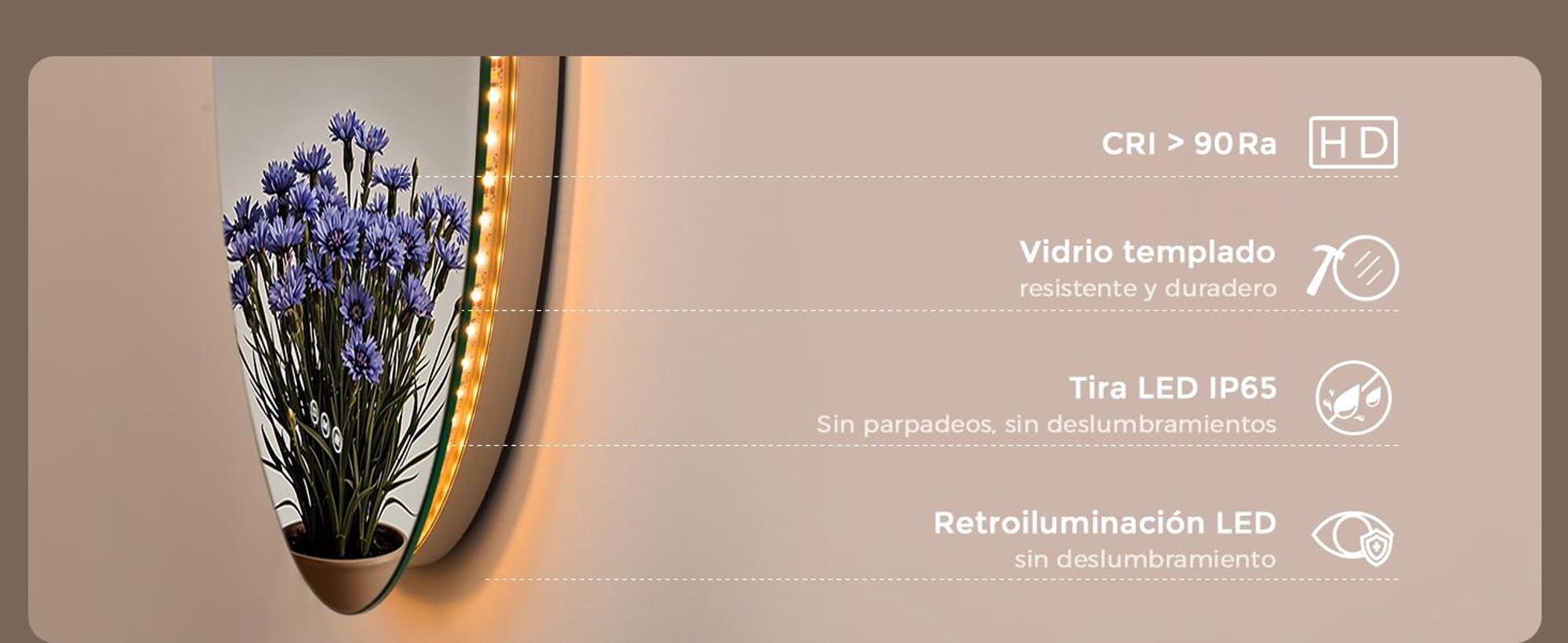 Espejo baño con luz LED redondo 70 cm S'AFIELINA, espejos de baño con led, espejo con luz baño, antivaho, regulable, 3 tonos de luz, memoria, IP65