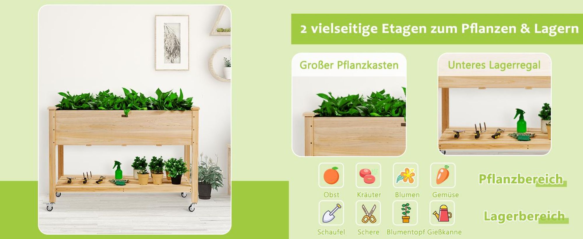 GOPLUS Hochbeet mit Rollen aus Holz, Gartenbeet mit Ablage & Abflusslöchern, Pflanzbeet Tragkraft 150 kg für Garten & Natur, 120 x 59 x 84 cm