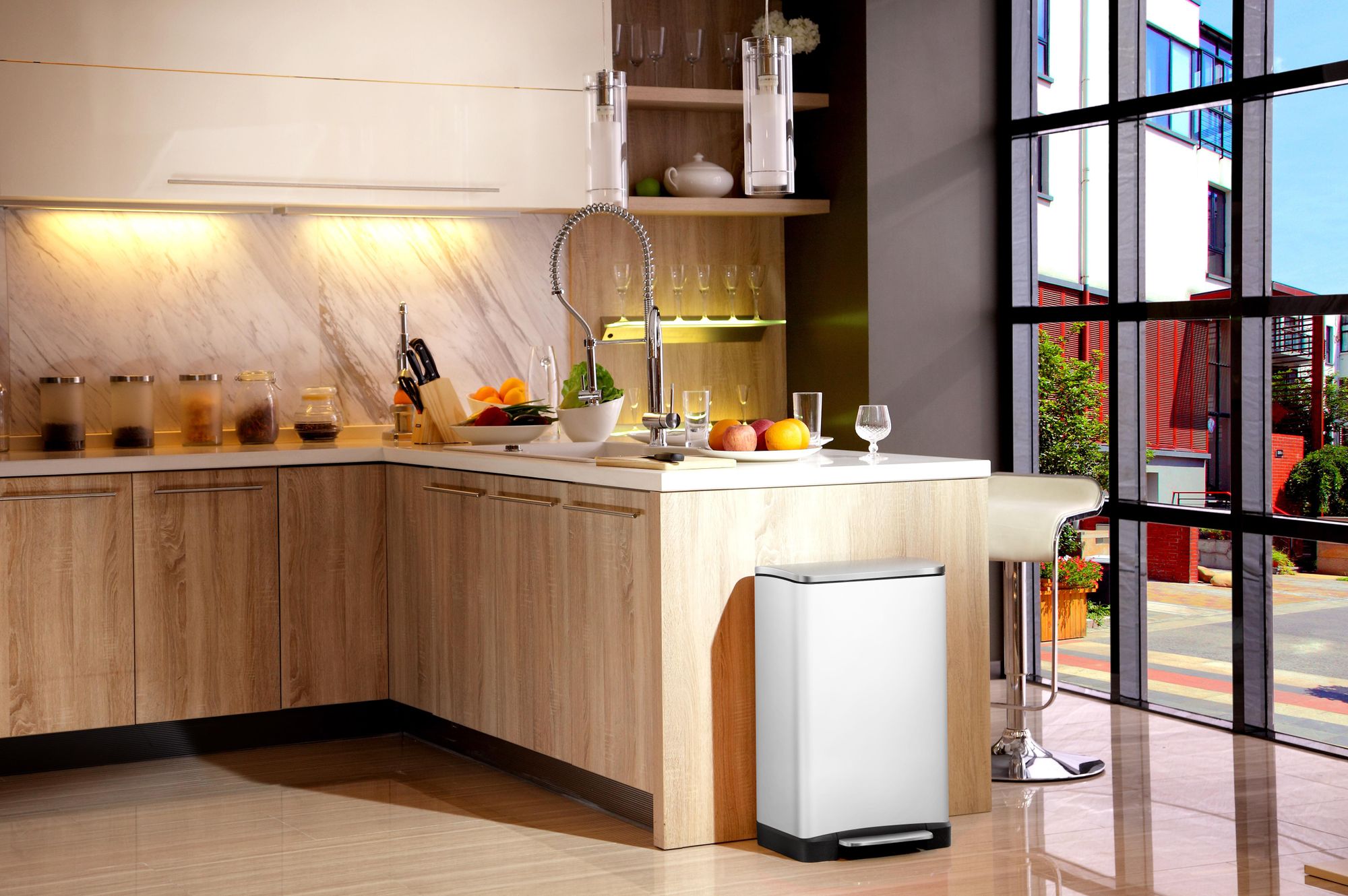 EKO - E-Cube Recycling Poubelle à pédale 28+18 litres - Stainless steel Plastic - Blanc, inox mat