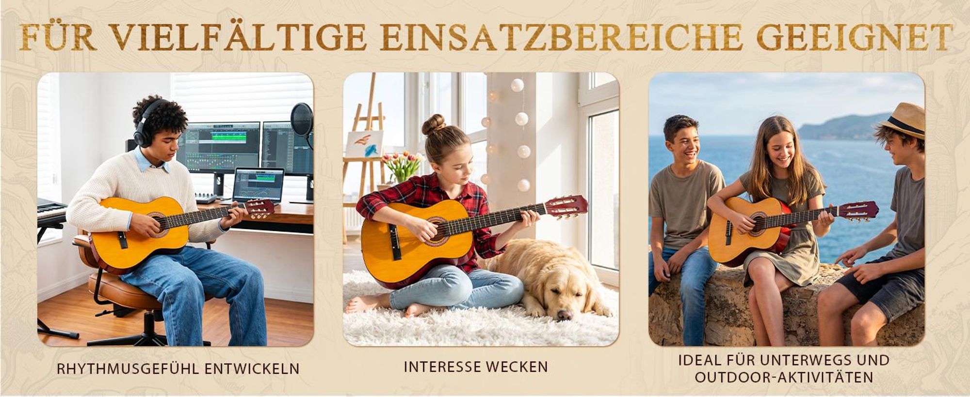LEADZM Gitarre 3/4 Akustikgitarre für Anfänger Kinder Erwachsene, Nylonsaiten Konzertgitarre Starter Set, 30Zoll,Gelb