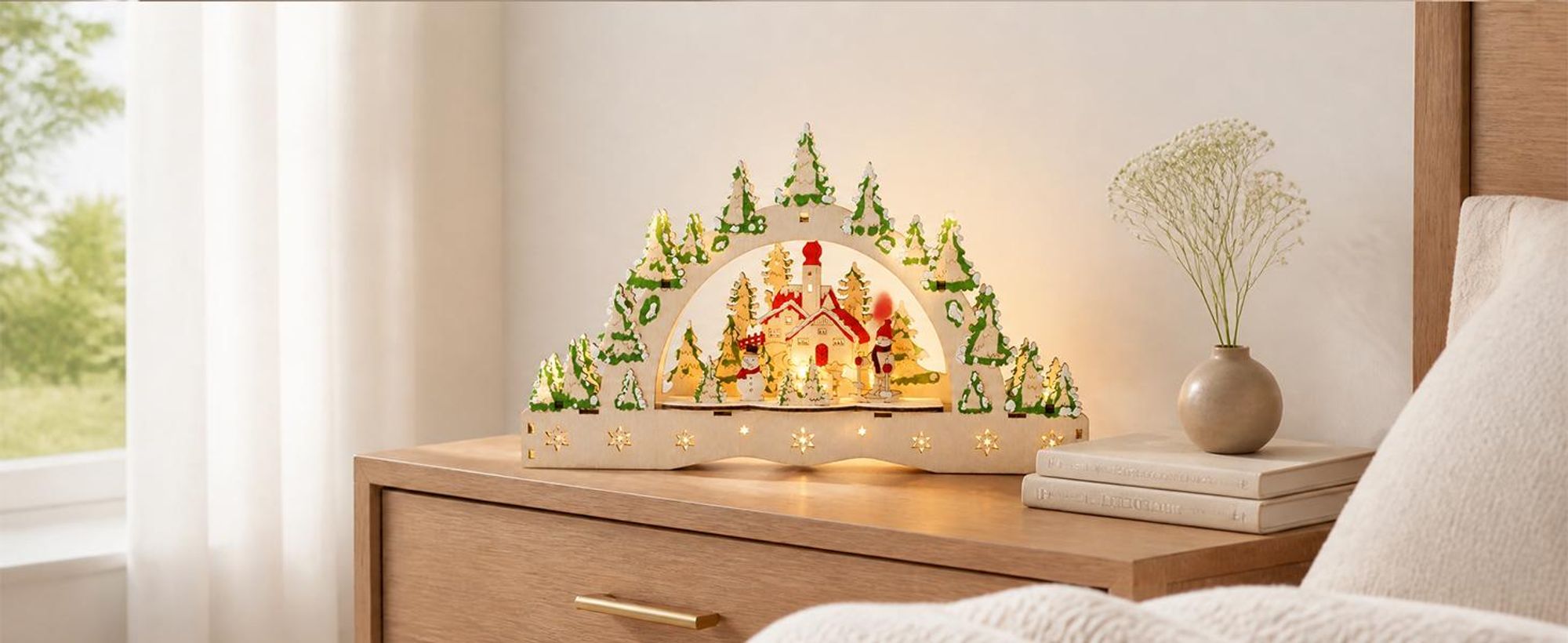 Salcar Holz Schwibbogen Weihnachtsdorf, 3D Lichterbogen 32cm mit 13 LED Beleuchtung Batterie Weihnachten Advent Winter Tisch und Fenster Deko