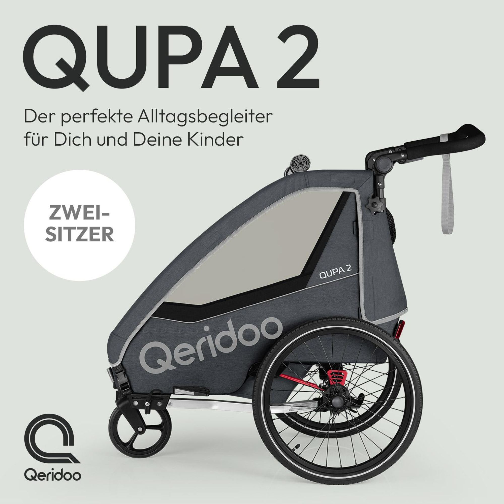 Qeridoo QUPA 2 - Kinderfahrradanhänger für 2 Kinder, Farbe: Grey