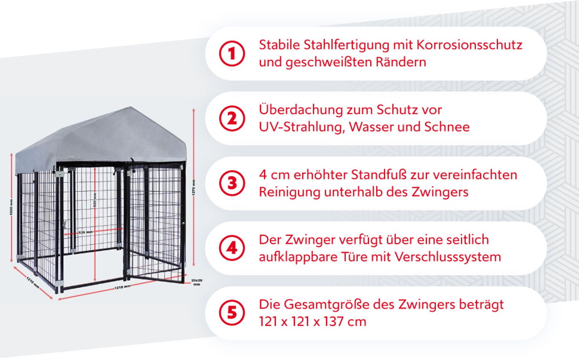 Wiltec Hundezwinger mit Überdachung 121 x 121 x 137 cm, Hundehütte mit Sonnendach, robustes Outdoor Hundehaus mit Stäben aus Stahl