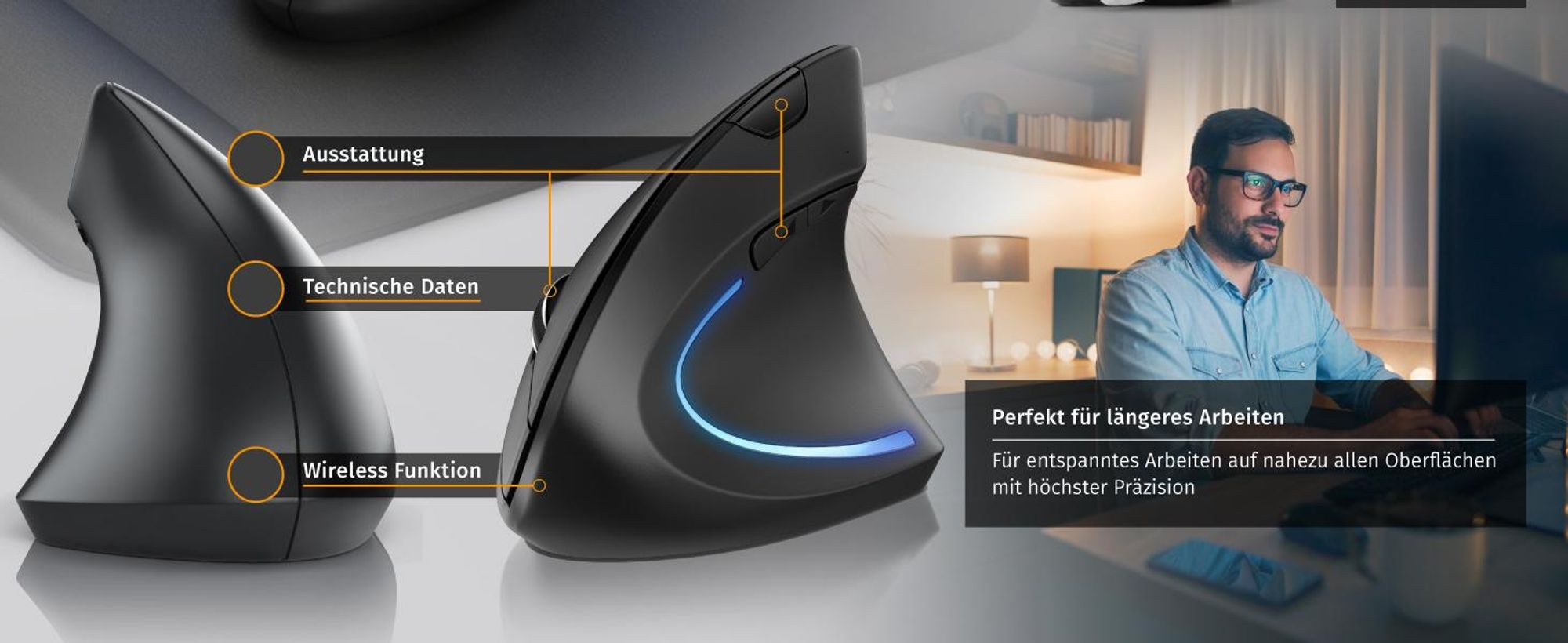 CSL ergonomische Maus Funk kabellos, vertikal, optisch, 2,4 GHz, Rechtshänder, 6 Tasten, 800–6400 DPI, USB-Nano-Empfänger, Plug-and-Play