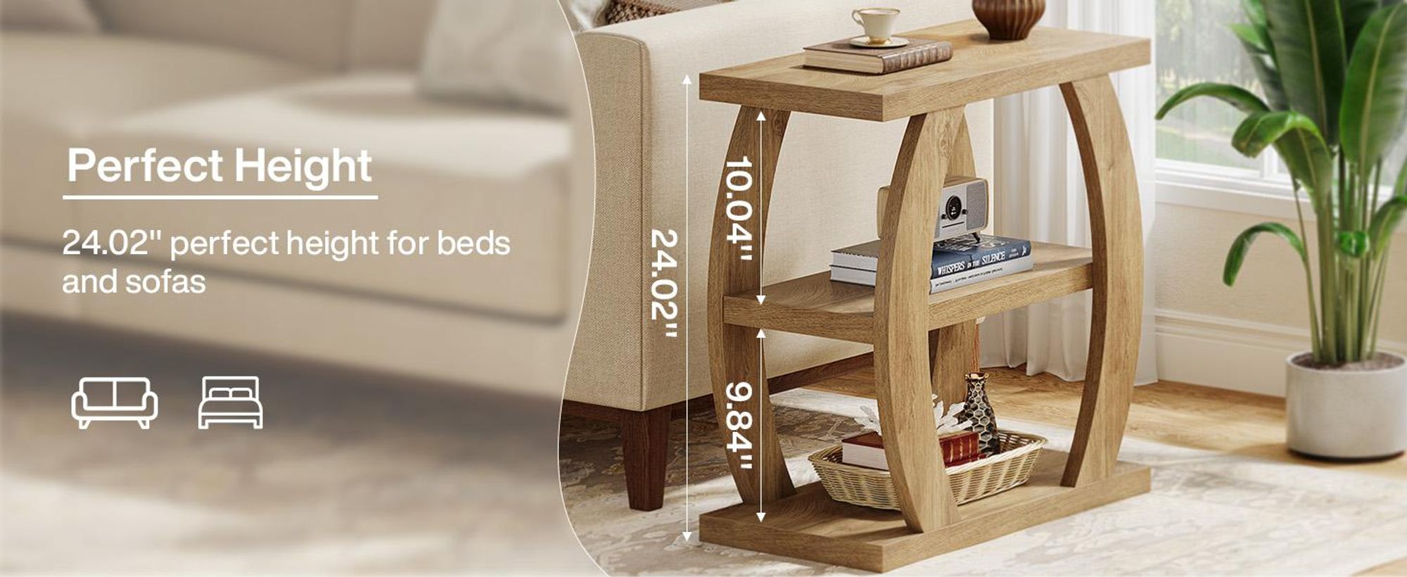 Tribesigns Beistelltisch, schmaler 3-stöckiger Beistelltisch mit Stauraum, Landhaus-Nachttisch Holz mit geometrischem Gestell, 60 cm, Eiche natur