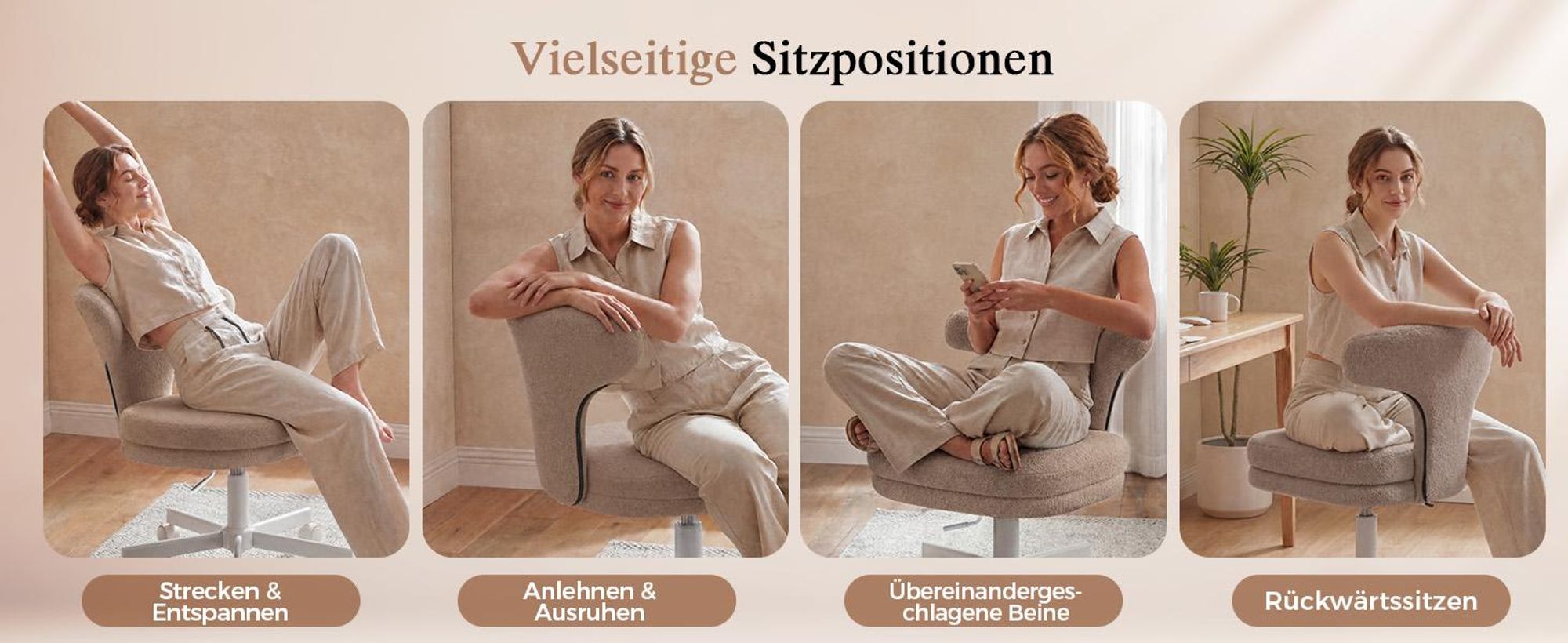 COMHOMA Schminkstuhl mit Rollen, Schminkstuhl mit Umschließender Rückenlehne, Höhenverstellbarer Drehstuhl, Niedlicher Bürostuhl für Schlafzimmer,Home