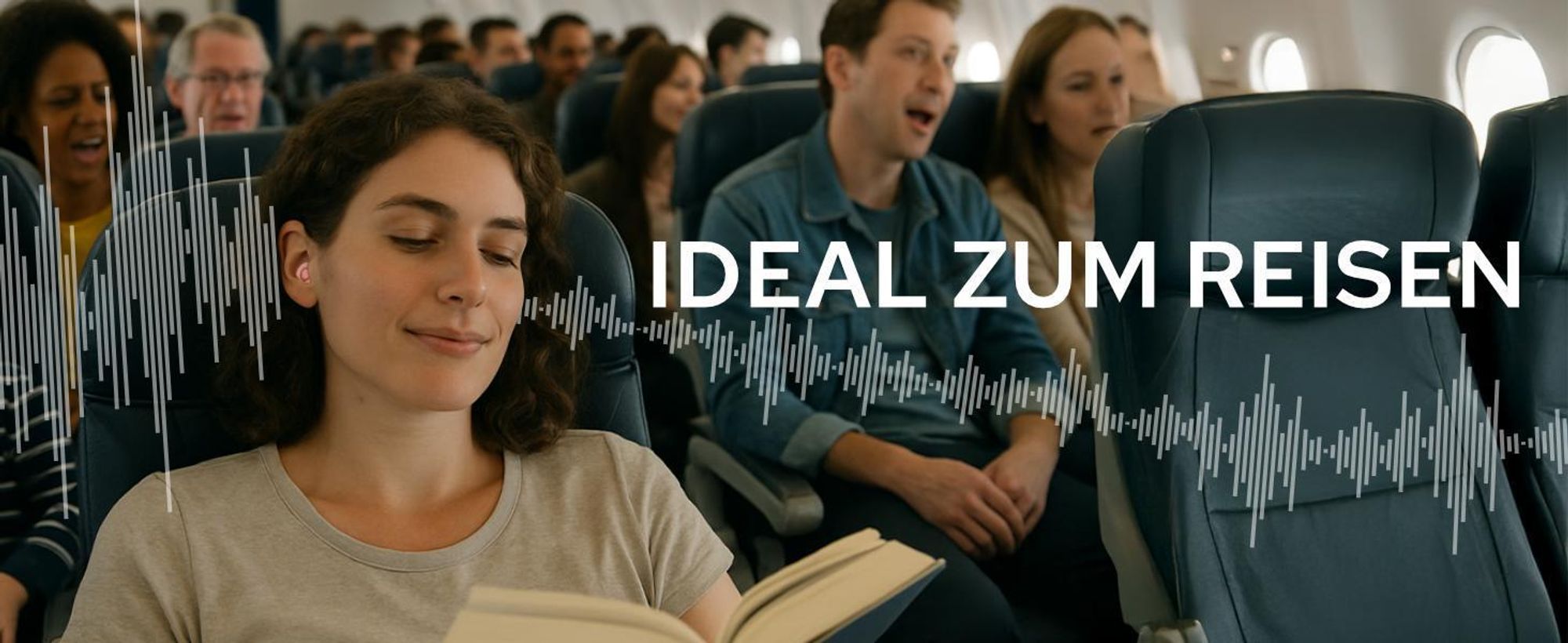 Lesende Frau die die Cuxces Comfort Earplugs zum Reisen im Flugzeug trägt