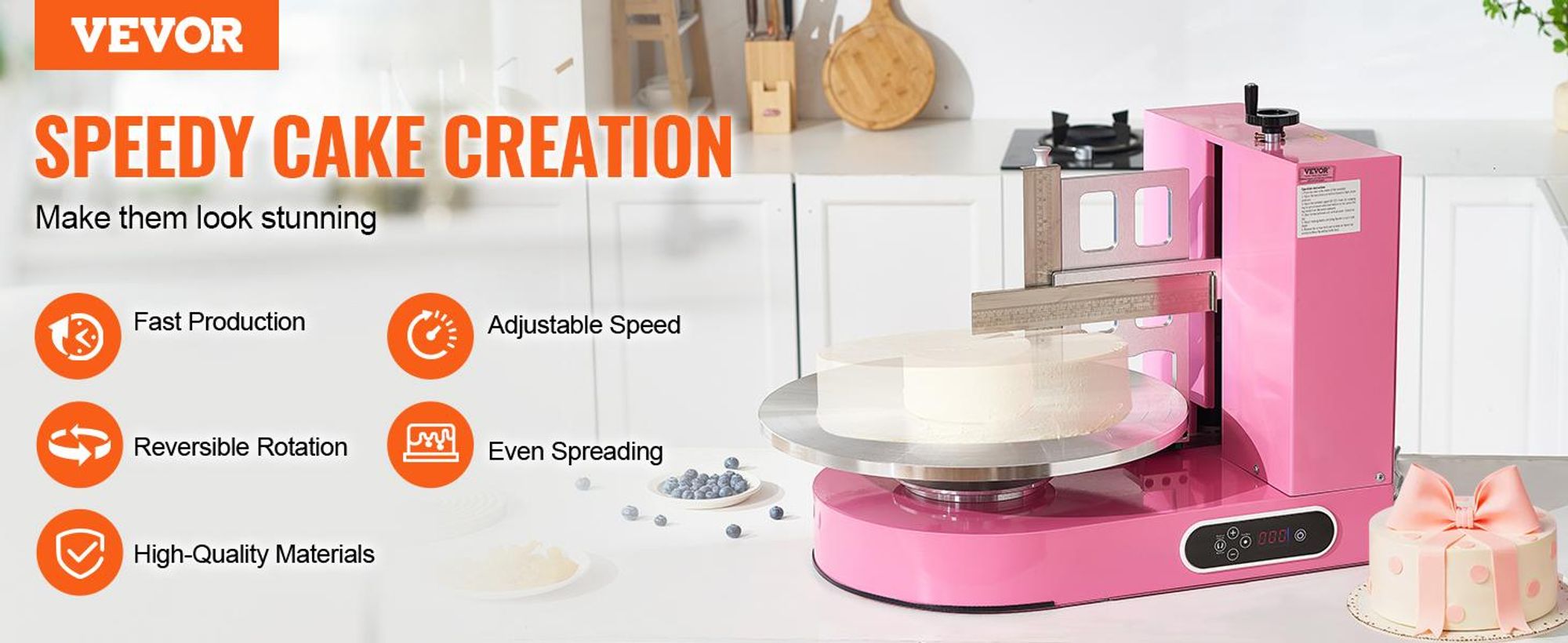 VEVOR Kuchen-Dekorationsmaschine, Kuchencreme-Verteilmaschine, leise Kuchen-Glasurmaschine, Drehteller mit verstellbarem Schaber, für 4" bis 12" Kuchen, 25-320RPM Drehgeschwindigkeit, Weiß, 4-16 Zoll, Rosa