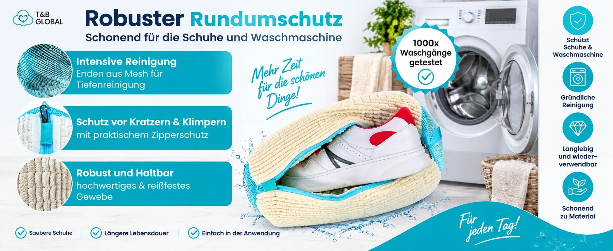 T&B Schuhwaschbeutel Waschmaschine – 2 Stück - Weiß -  360° Reinigung - Wäschesack Schuhe - wiederverwendbarer Schuhwaschsack für Sneaker, Turnschuhe,