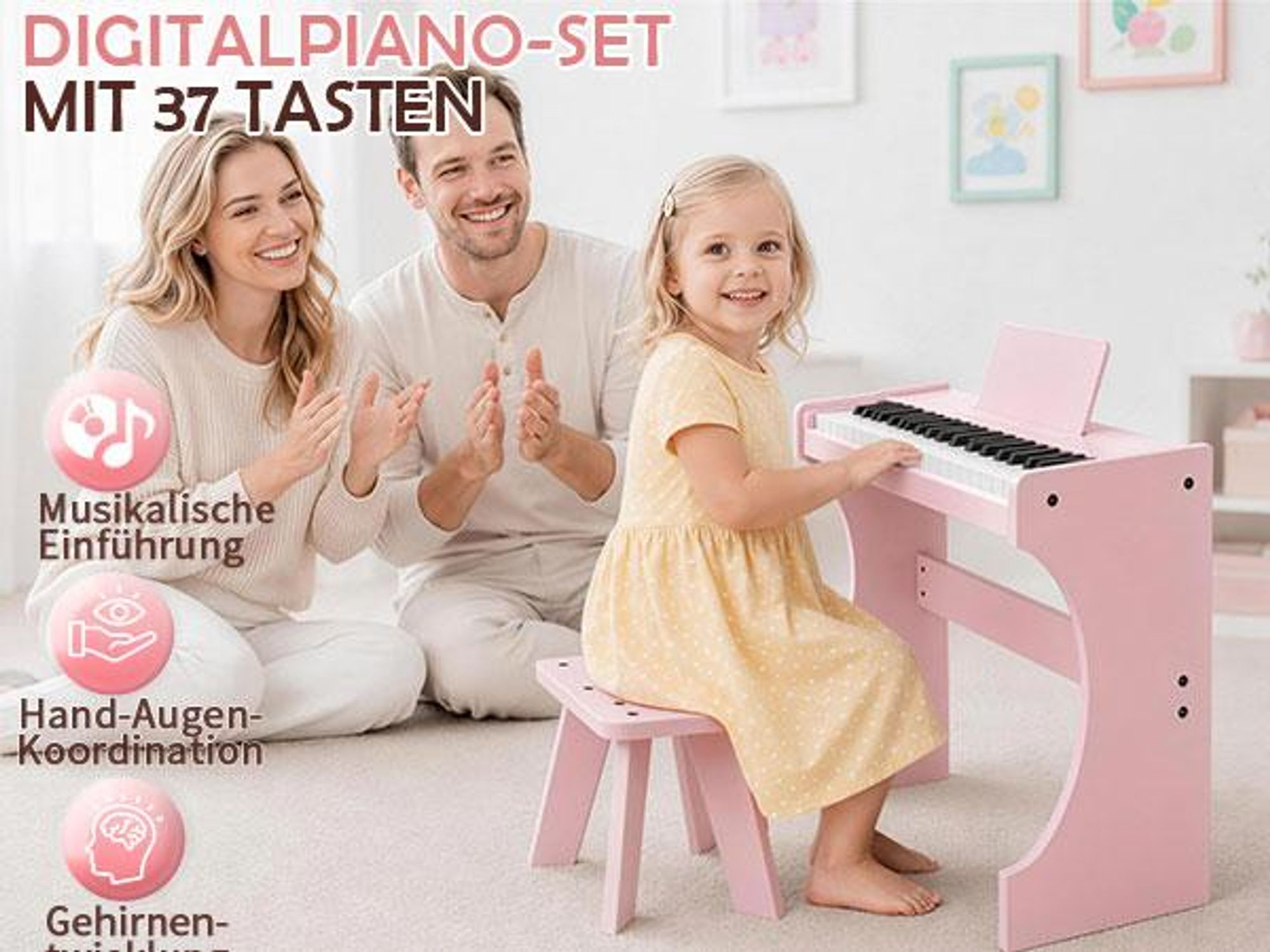 LEADZM Kinder E-Piano 37 Tasten Komplett Set aus Holz mit Hocker,Kinder-Keyboard,Digitalpiano aus Holz für Kinder ab 3 Jahren,Rosa