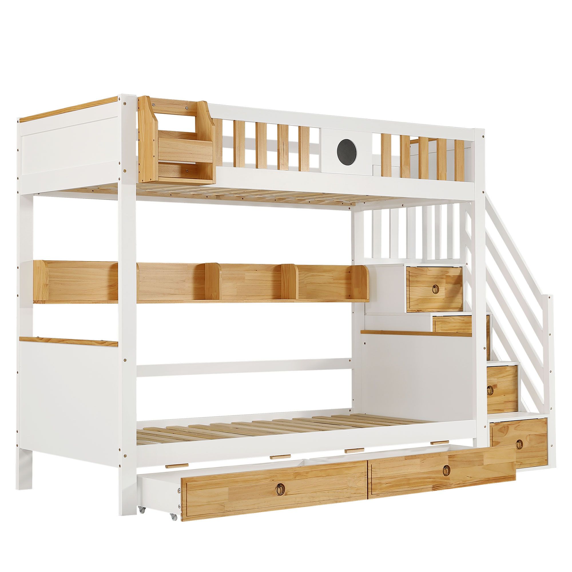 Flieks Etagenbett 90x200cm mit Rausfallschutz, Hochbett Kinderbett mit Treppe & Schubladen, Einzelbett Holzbett mit Ablagen & Lattenrost, Weiß
