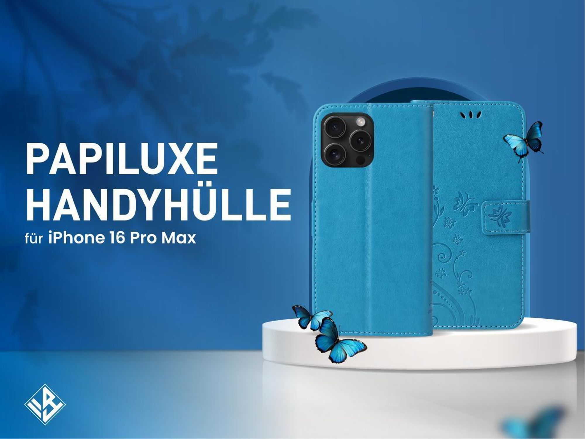 Handyhülle für Apple iPhone 16 Pro Max Floral Blumen Schmetterling Flip Cover Hülle Case Klapphülle Handytasche Farbe: Violett