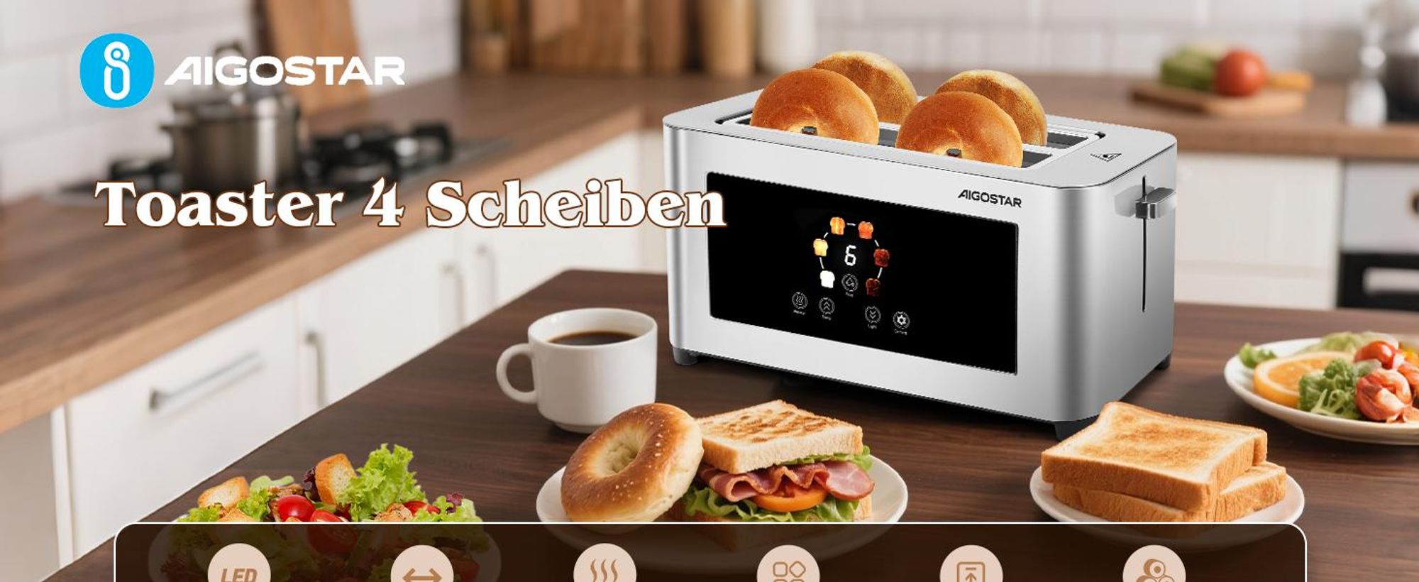 Aigostar Toaster 2/4 Scheiben, 6 Bräunungsstufen, LED-Touchscreen, Toaster Langschlitz , 2 lange Schlitze, 1400 W Brotzentrierung, Edelstahl