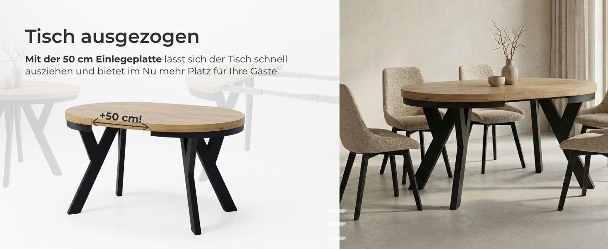 Runder Ausziehbarer Tisch für Esszimmer, PERO mit einem Ring-Gestell, Loft-Stil, Durchmesser: 120 / 220 cm, Farbe: Eiche Wotan / Schwarz