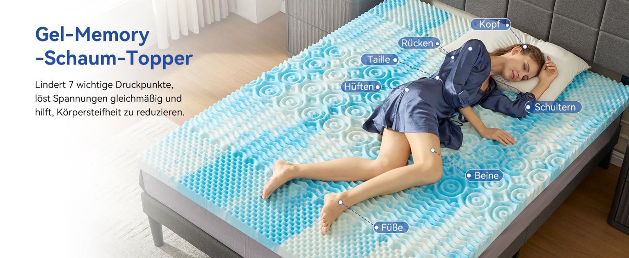 NicePlus Topper mit Daunendecke, 140x200x10cm, 5-Zonen Gel-Schaum - Für erholsamen Schlaf, 360° Mesh für alle Matratzen, H2/H3
