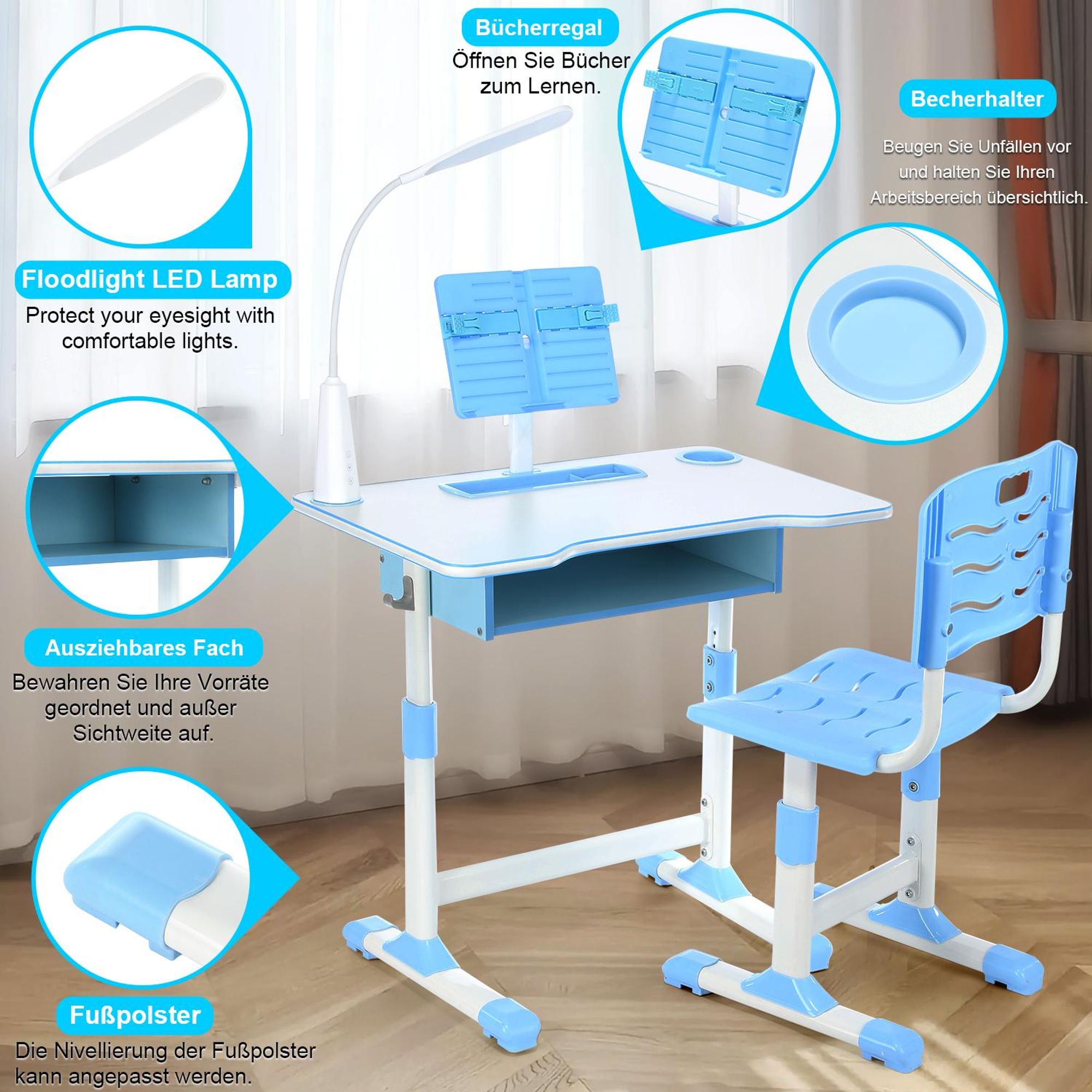 OYAJIA Kinderschreibtisch Jugendschreibtisch mit Lampe, höhenverstellbar, mit Stuhl & Schublade Schülerschreibtisch Set, Kinder Schreibtisch