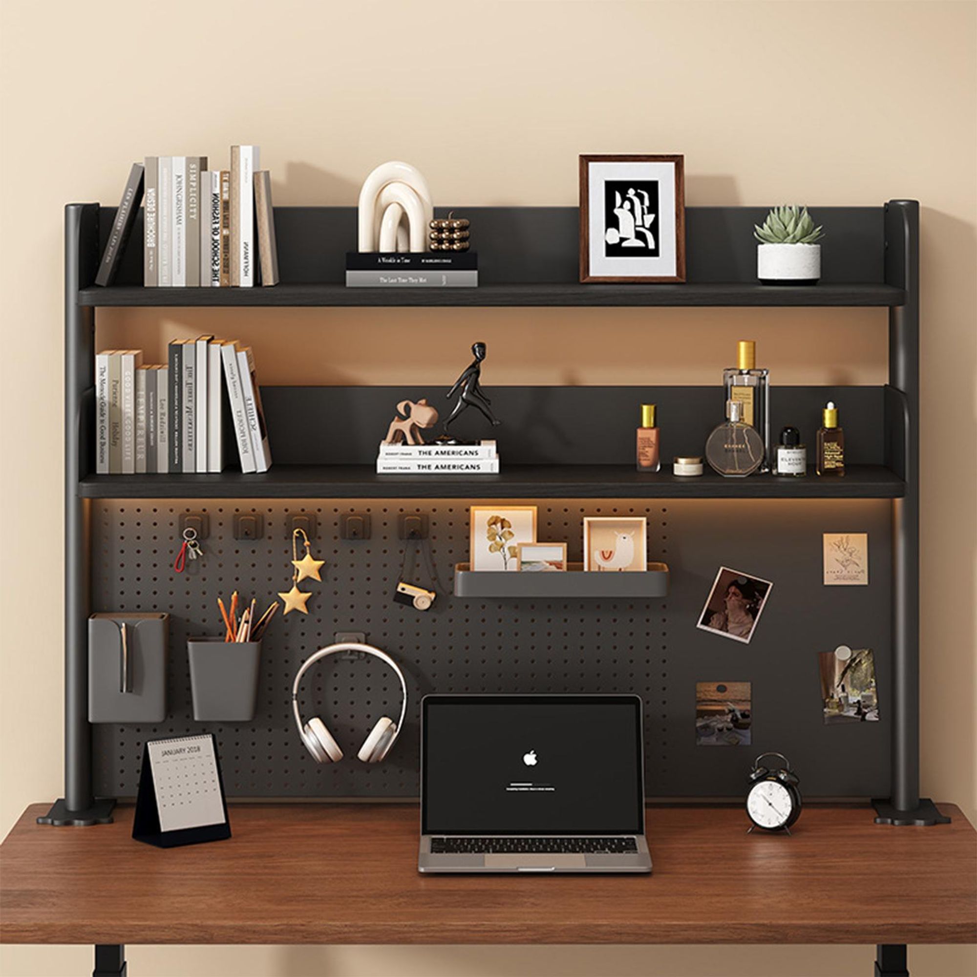 TWSOUL Bücherregal Tisch-Organizer ohne Bohren, Multifunktionales Regal mit Klemmbefestigung, Doppeltem Fallschutz, Haken & Magnettafel,Schwarz