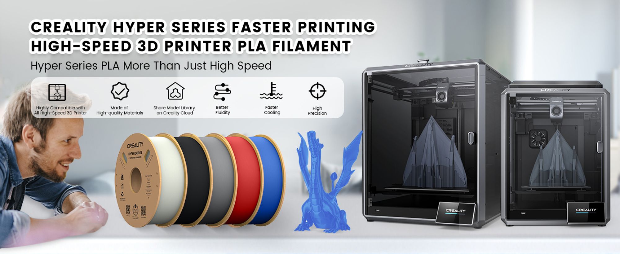 Creality Hyper PLA Filament for 3D Drucker,Hohe Geschwindigkeit,1.75 mm, für Hochgeschwindigkeitsdruck, Maßgenauigkeit +/-0.02 mm, 1000g/Spule-Schwarz