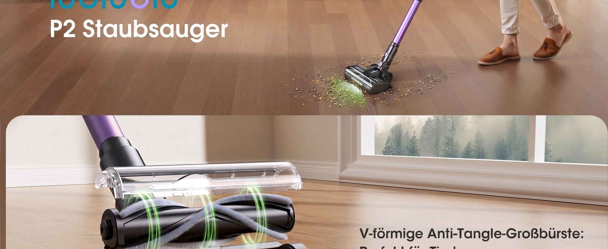 Lubluelu Akku-Staubsauger 75000 Pa, Anti-Haar-Verwicklungsbiürste, Grüne Beleuchtung, Freistehend, Für Tierhaare, Teppiche & Hartböden, P2 Lila