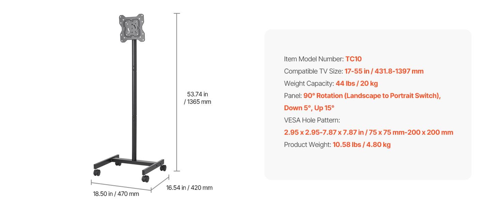 VEVOR TV Halterungen Rollbarer TV-Ständer für 431,8–1397 mm große Flach- und Curved-Fernseher bis 20 kg (max. VESA 200 x 200 mm)