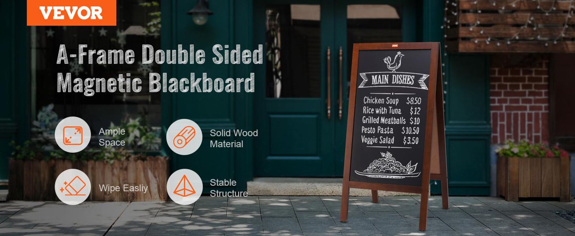 VEVOR A-Rahmen Kreidetafel, doppelseitige Gehweg-Schilder, freistehende vintage Holz-Kreidetafel mit Kreide und magnetischem Radiergummi, rustikales braunes Outdoor-Sandwich-Schild, 20"x40", Küche Zuhause Hochzeit