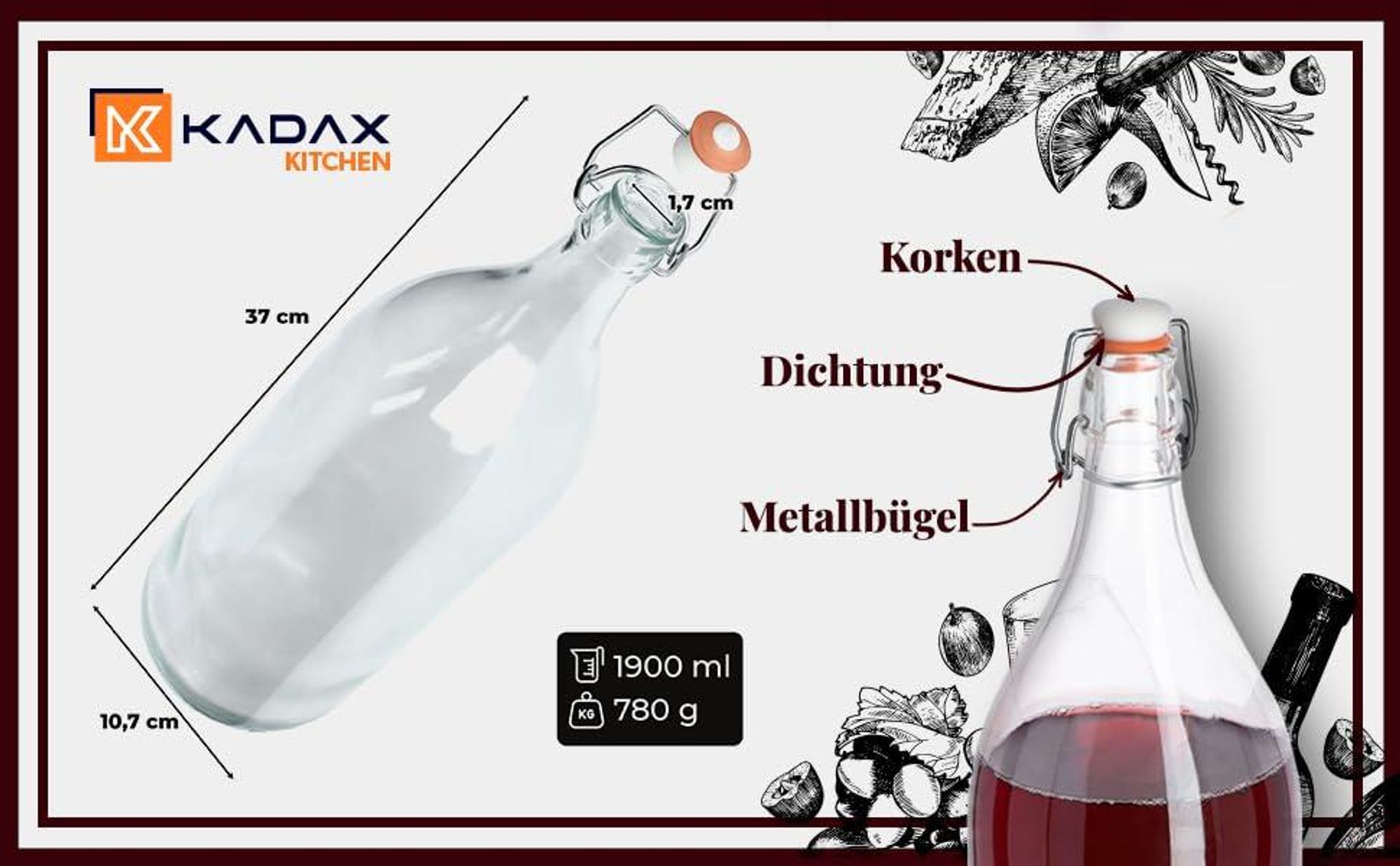 KADAX Glasflasche "Torano", Flasche, Likörflaschen, Ölflasche, Essigflasche, 2L, 6 Stück
