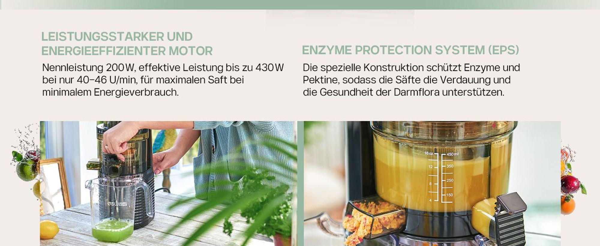 4Swiss Entsafter | Slow Juicer BM202 | Entsafter, Saftpresse, Kaltpressung | 40 U/Min, Ultem-Schnecke, XXL-Einfüllschacht, Leise, BPA-frei