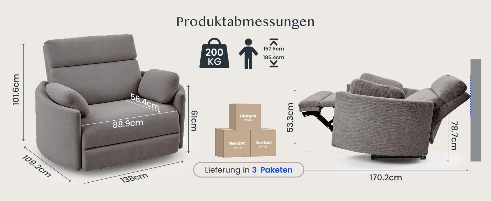 FLEXISPOT Mochi Pro Zero-Wall XXL Elektrischer Relaxsessel, 1,5-Sitzer mit 138 cm Sitzbreite, Fernsehsessel für Große&Schwere, Klemmschutz&USB-C, Grau