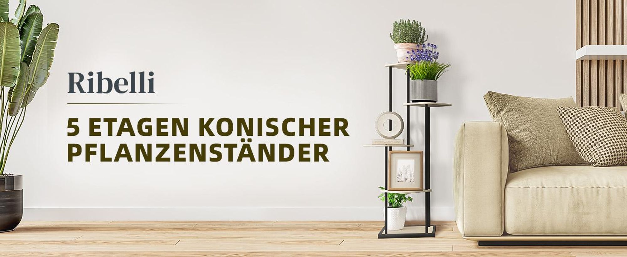 Ribelli Pflanzentreppe 5 Etagen Pflanzenständer, Blumenständer 106cm Höhe Blumenregal aus Holz und Metall, Deko für Balkon Garten Wohnzimmer, Holz