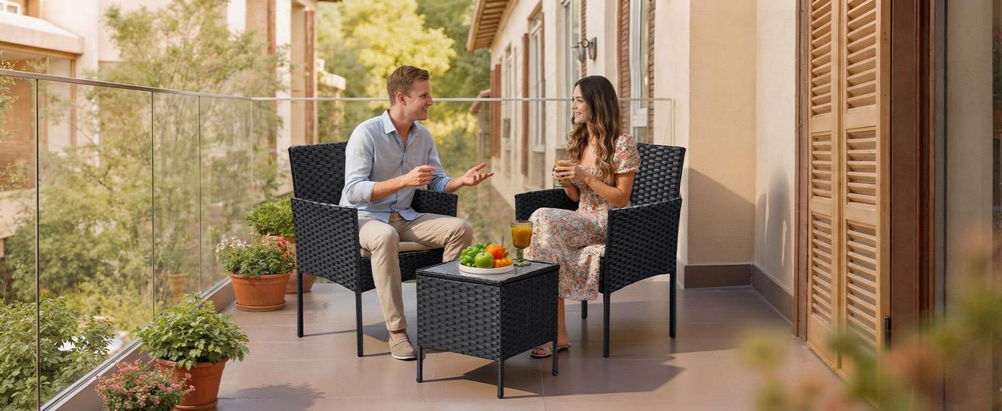 SONGMICS (3-tlg) Balkonmöbel, Gartenlounge-Set, aus PE-Polyrattan, Tisch und 2 Stühle, schwarz-taupe