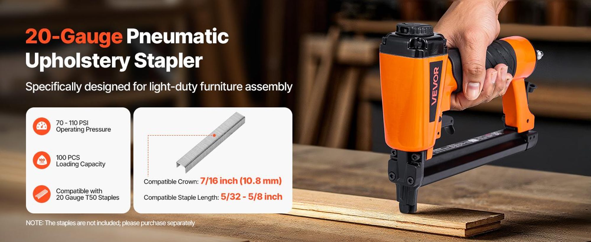VEVOR Druckluftnagler, T50 Druckluft Tacker für 10,8 mm Krone, 4-16 mm lange Klammern, 70-110 PSI Klammergerät für Holzbearbeitung, Polsterung, Stoff,