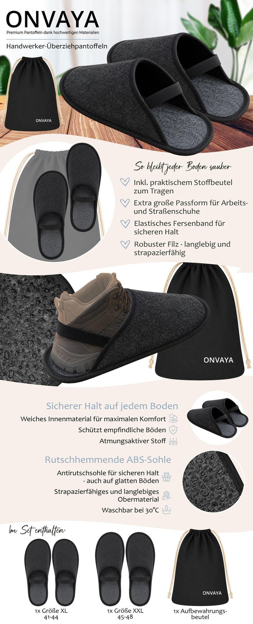 ONVAYA® Handwerkerpantoffeln | Filzpantoffeln Set mit 2 Größen: XL & XXL | Museumspantoffeln | Schlosspantoffeln | Überschuhe aus Filz | hochwertige Gästepantoffeln | inklusive Tragebeutel