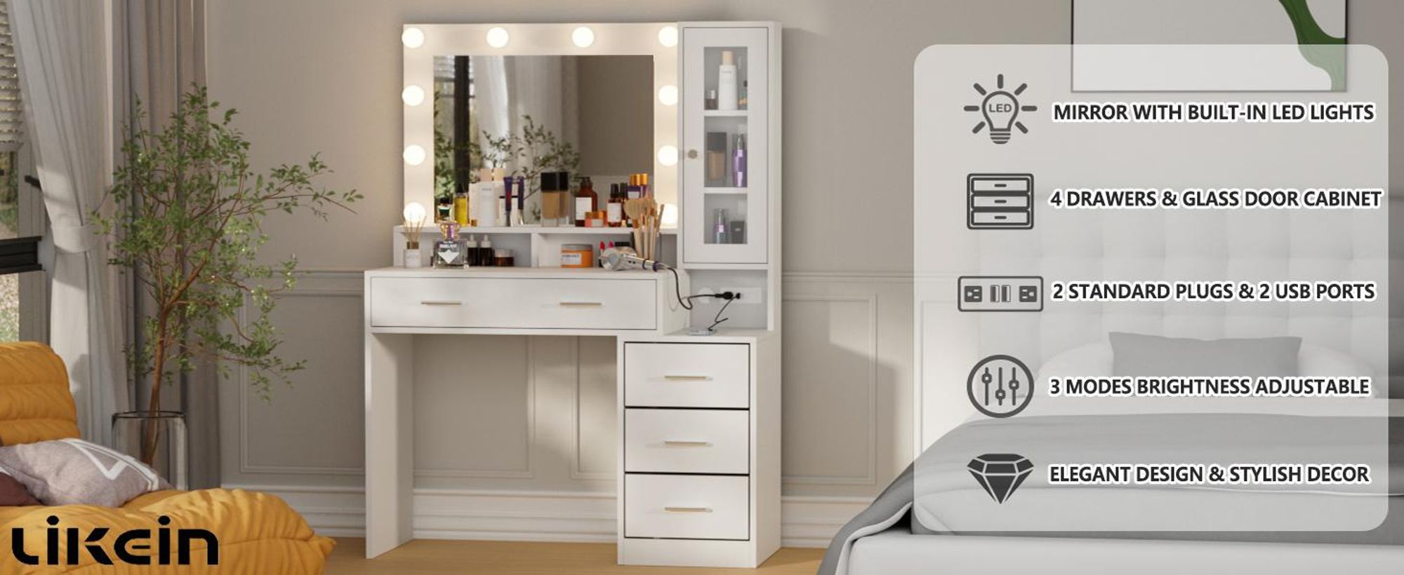 Schminktisch Nachttisch mit Steckdosen, 101x40x143 cm, Frisiertisch mit Spiegel und 5 Schubladen und 1 Schrank, einstellbare Helligkeit, Weiß