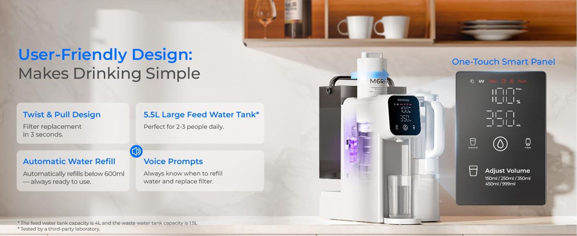 Waterdrop M6SL Mineralisiertes Auftisch Osmoseanlage, Raumtemperatur | Glaskaraffe, 8-Stufen-Filtration, 3:1 Rein- zu Abwasser, NSF/ANSI 58 & 372 , BPA-frei