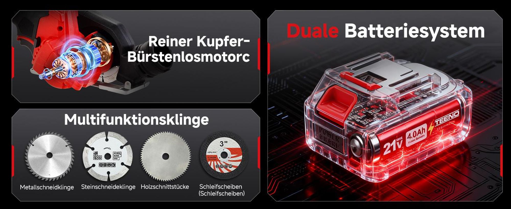 TEENO Akku-Mini-Handkreissäge, Akku Handkreissäge mit LED-Leuchte, 2x 4,0Ah-Akkus, Einstellbarer Schnittwinkel, 20000 U/min, 3 Sägeblätter