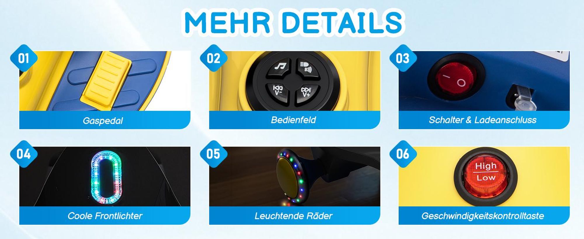 Kinder-Elektroauto 12V, Elektrisches Rutschauto mit Pedal, 2 Geschwindigkeiten und Kippschutz, Bluetooth, für Kinder ab 3 Jahren, Blau & Gelb