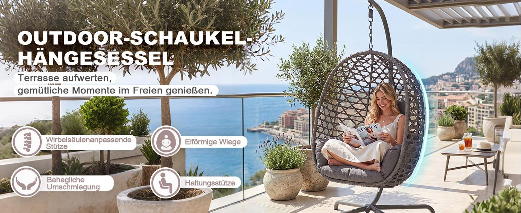 Avestar Terrassen-Schaukel-Hängesessel mit weichen Kissen, Dunkelgrau