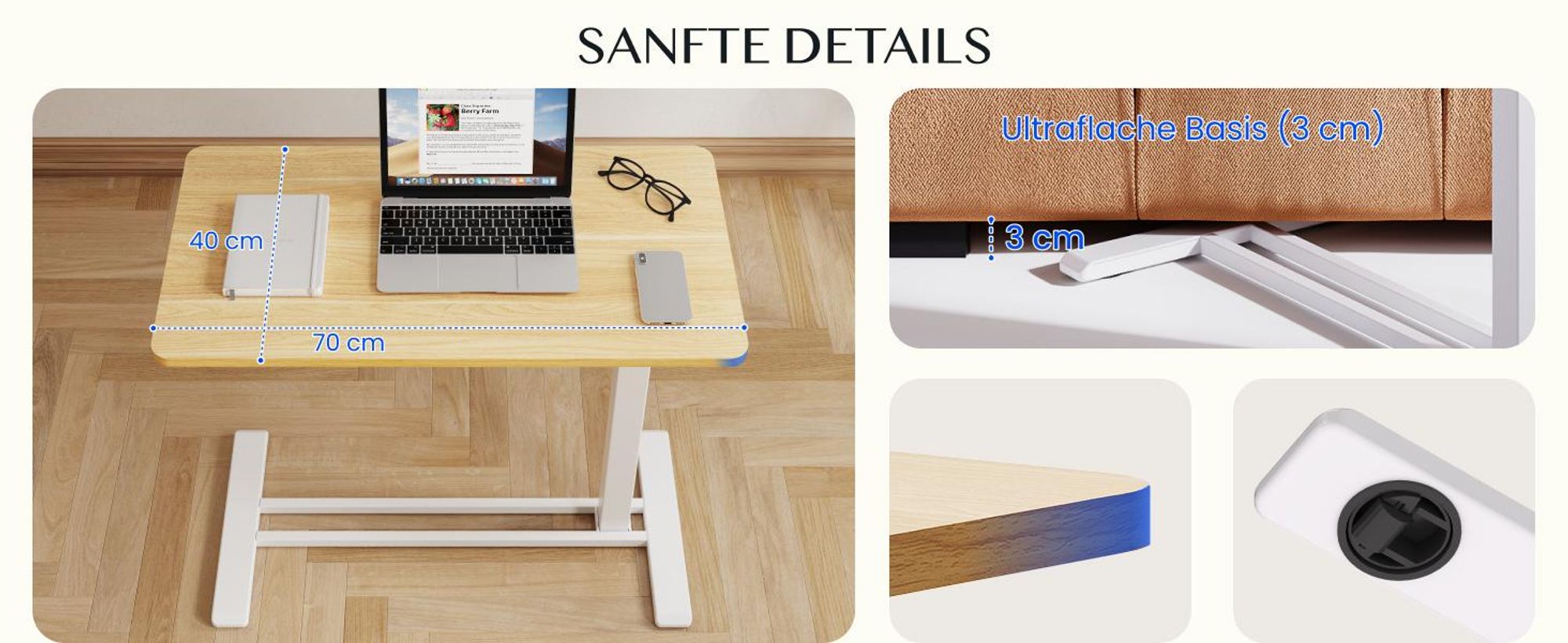 FLEXISPOT Schreibtisch, Beistelltisch Höhenverstellbar in C-Form, Laptoptisch mit Rollen, 66–106 cm, Nachttisch, für Bett und Sofa, Ahorn