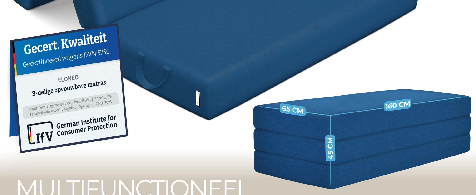 ELONEO Opklapbare matrassen, gastenmatrassen, 3-delige opvouwbare matrassen, extra dik schuim (15 cm), geschikt voor mensen met rugproblemen, opklapbaar, opvouwbare matras (blauw)